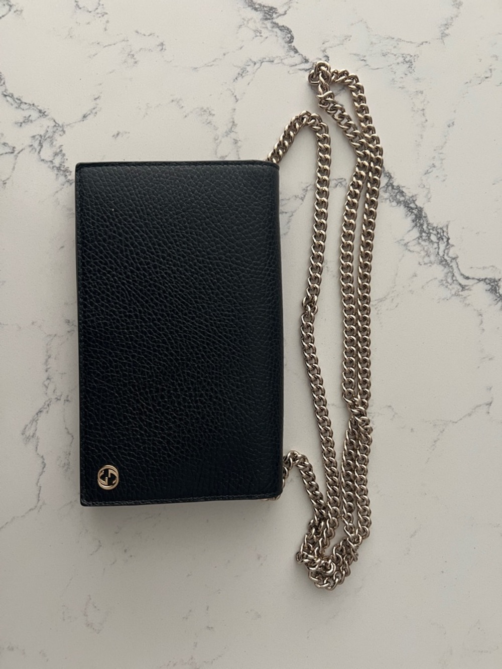 Gucci Black Leather Crossbody Wallet with Gold Chain